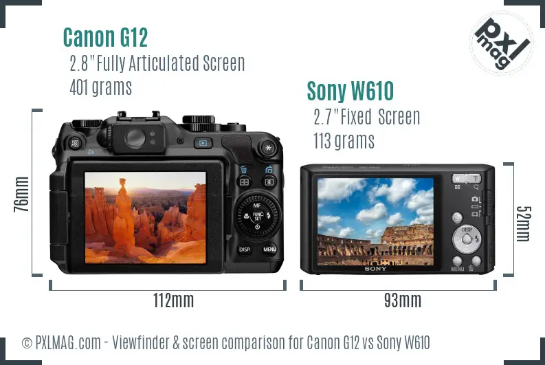 Canon G12 vs Sony W610 Screen and Viewfinder comparison