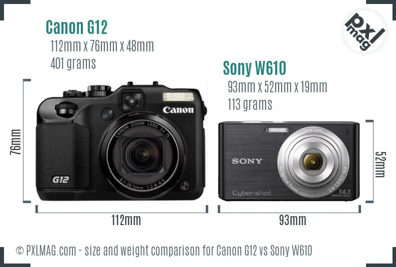 Canon G12 vs Sony W610 size comparison