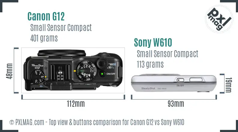Canon G12 vs Sony W610 top view buttons comparison
