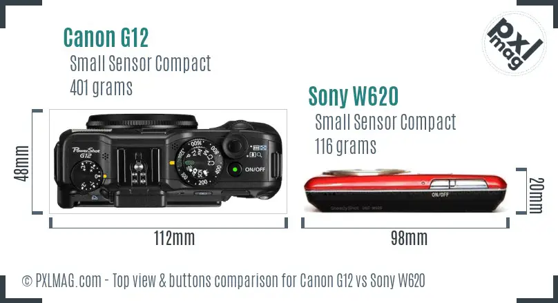 Canon G12 vs Sony W620 top view buttons comparison