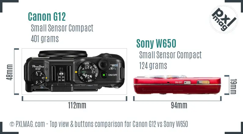Canon G12 vs Sony W650 top view buttons comparison