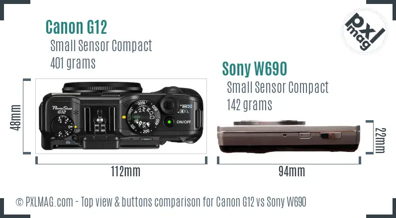 Canon G12 vs Sony W690 top view buttons comparison