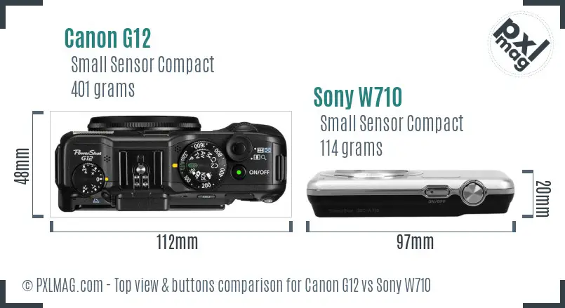 Canon G12 vs Sony W710 top view buttons comparison