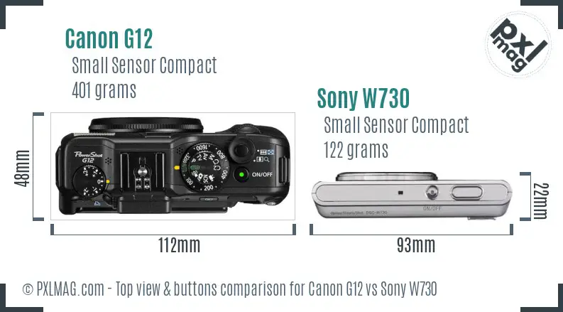 Canon G12 vs Sony W730 top view buttons comparison