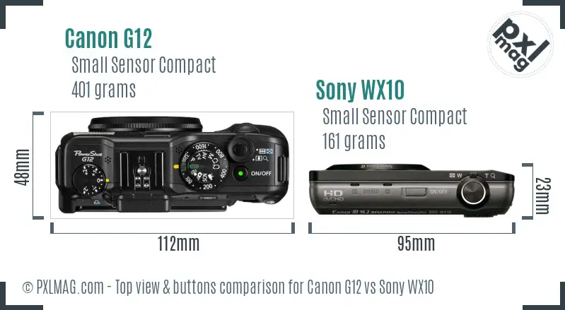 Canon G12 vs Sony WX10 top view buttons comparison
