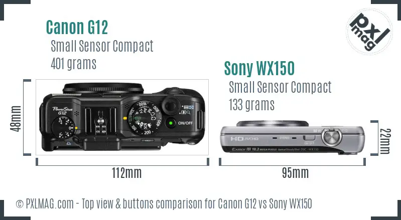 Canon G12 vs Sony WX150 top view buttons comparison