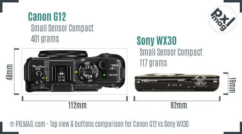 Canon G12 vs Sony WX30 top view buttons comparison