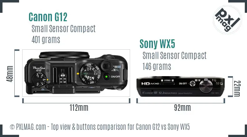 Canon G12 vs Sony WX5 top view buttons comparison