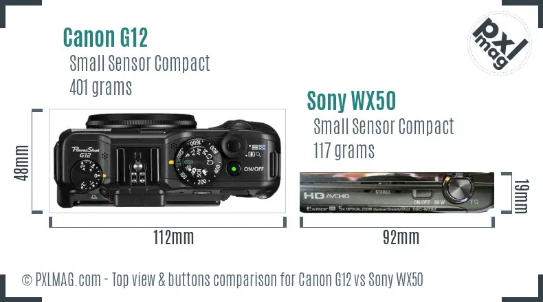 Canon G12 vs Sony WX50 top view buttons comparison