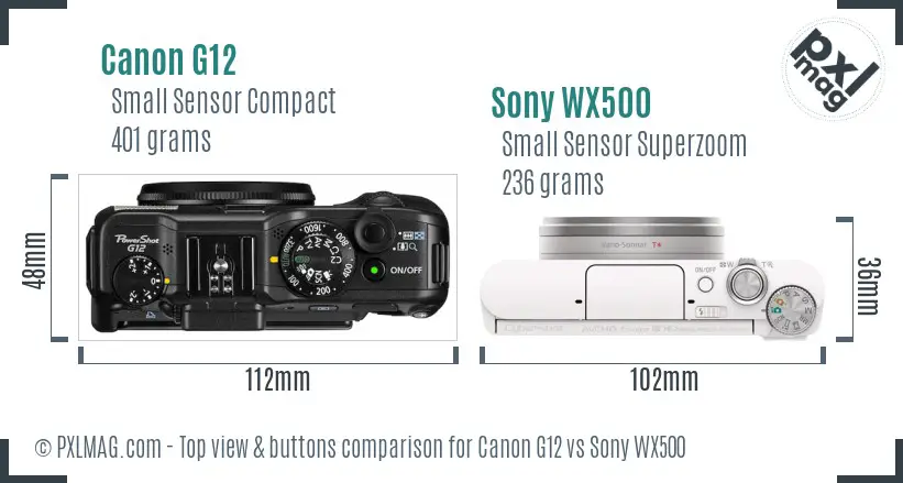 Canon G12 vs Sony WX500 top view buttons comparison Canon G12 vs Sony WX500 top view buttons comparison