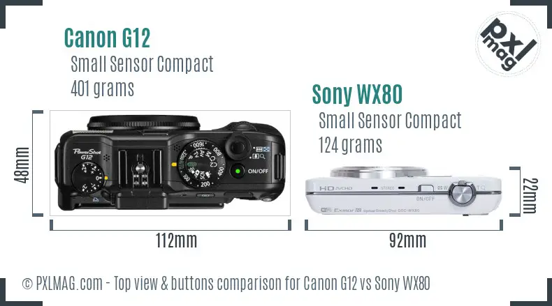 Canon G12 vs Sony WX80 top view buttons comparison