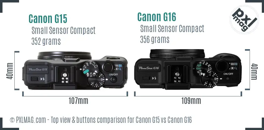 Canon G15 vs Canon G16 top view buttons comparison