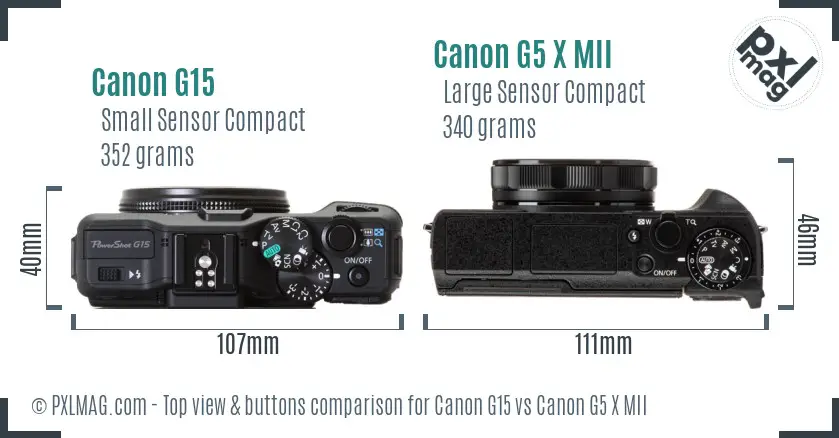 Canon G15 vs Canon G5 X MII top view buttons comparison