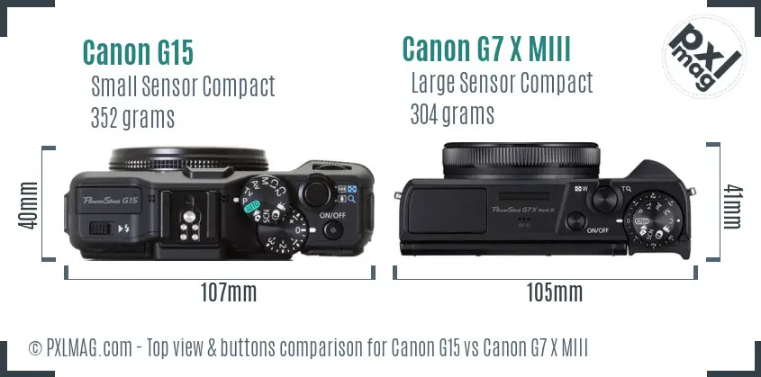 Canon G15 vs Canon G7 X MIII top view buttons comparison