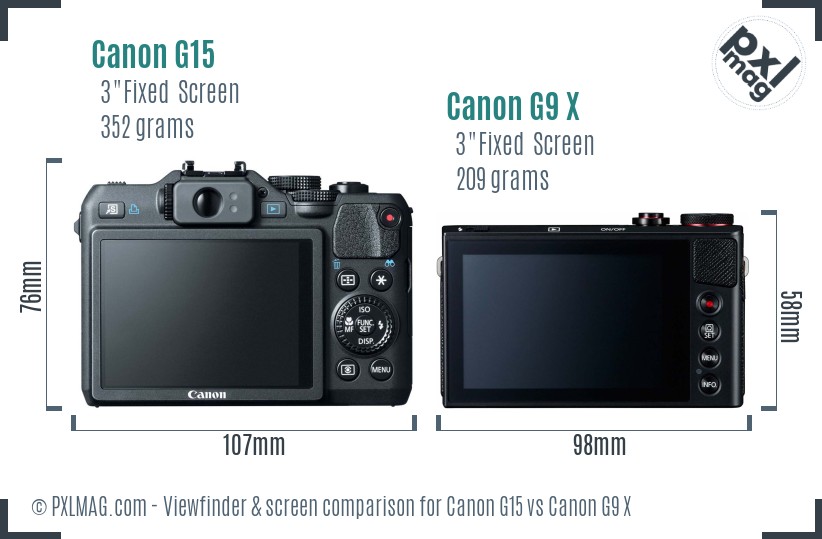 Canon G15 vs Canon G9 X Screen and Viewfinder comparison