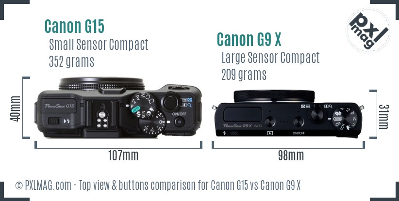 Canon G15 vs Canon G9 X top view buttons comparison
