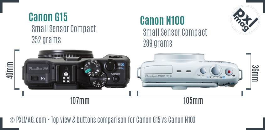 Canon G15 vs Canon N100 top view buttons comparison