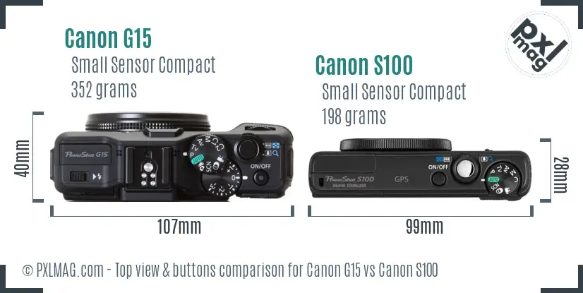 Canon G15 vs Canon S100 top view buttons comparison