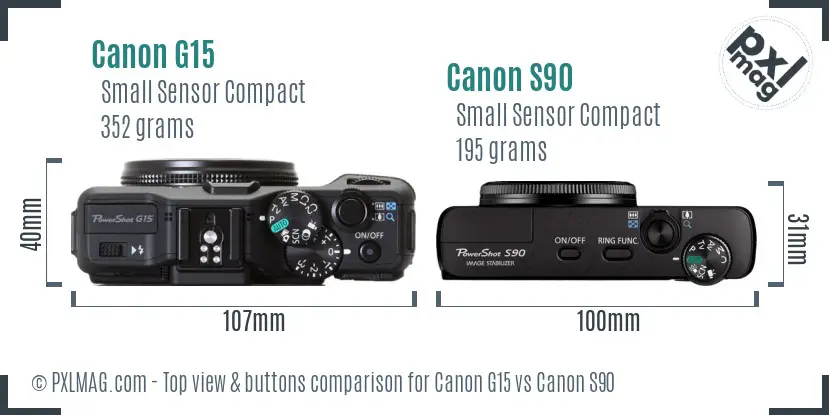 Canon G15 vs Canon S90 top view buttons comparison Canon G15 vs Canon S90 top view buttons comparison