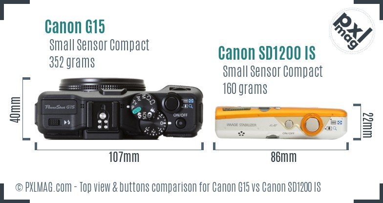 Canon G15 vs Canon SD1200 IS top view buttons comparison