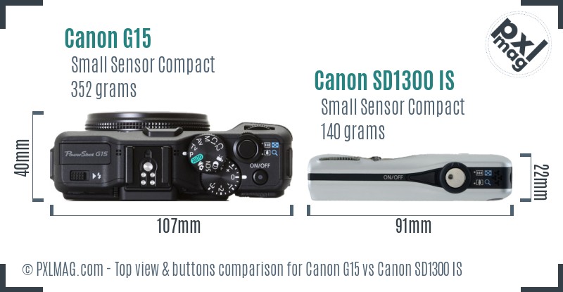 Canon G15 vs Canon SD1300 IS top view buttons comparison