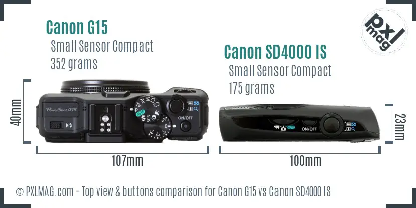 Canon G15 vs Canon SD4000 IS top view buttons comparison