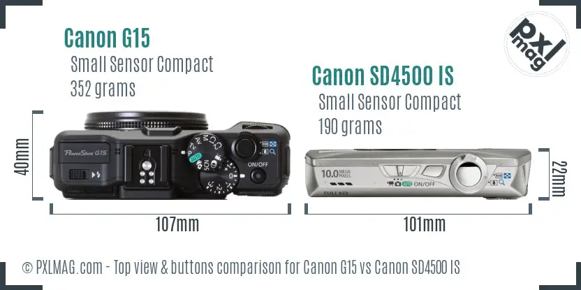 Canon G15 vs Canon SD4500 IS top view buttons comparison Canon G15 vs Canon SD4500 IS top view buttons comparison