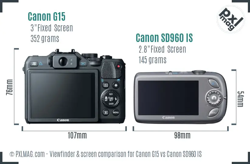 Canon G15 vs Canon SD960 IS Screen and Viewfinder comparison