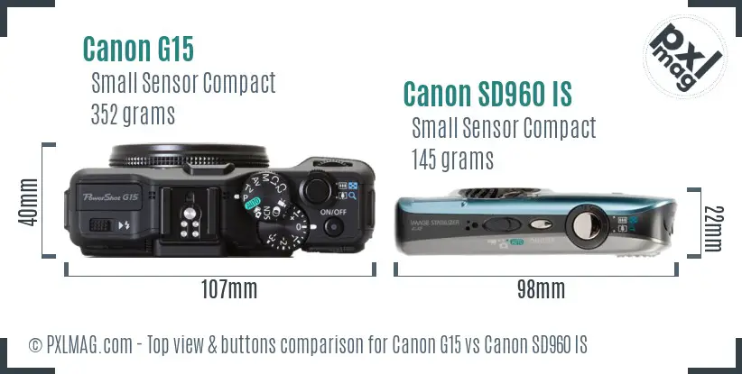 Canon G15 vs Canon SD960 IS top view buttons comparison
