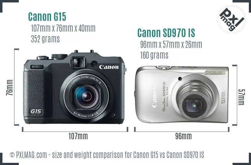 Canon G15 vs Canon SD970 IS size comparison