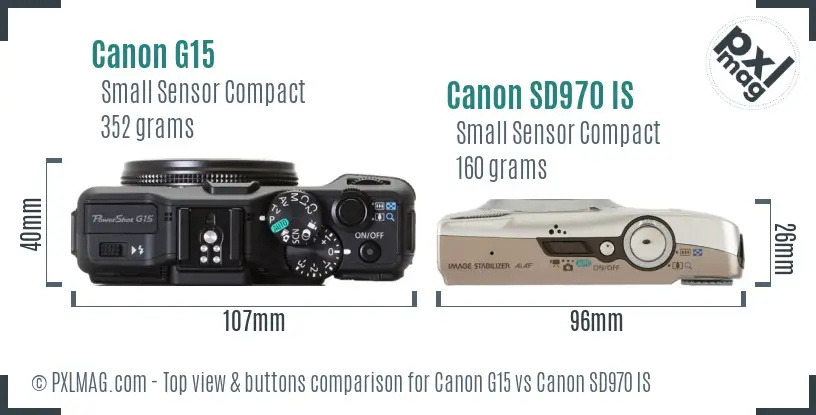 Canon G15 vs Canon SD970 IS top view buttons comparison