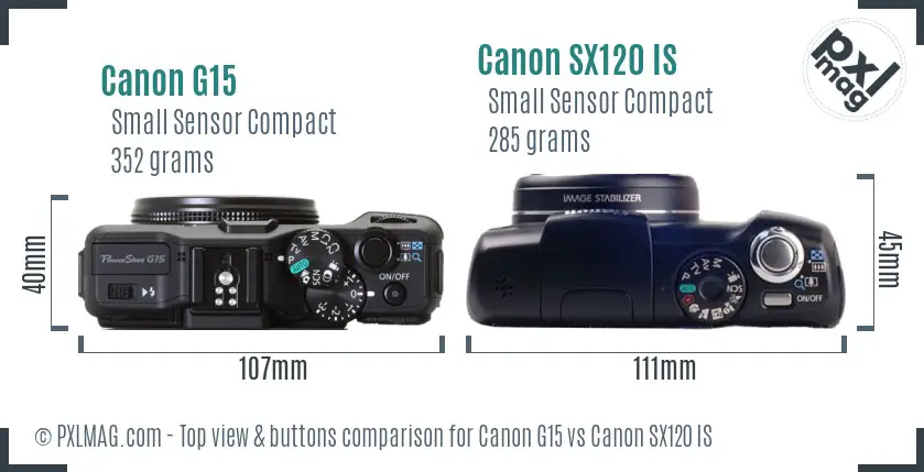 Canon G15 vs Canon SX120 IS top view buttons comparison