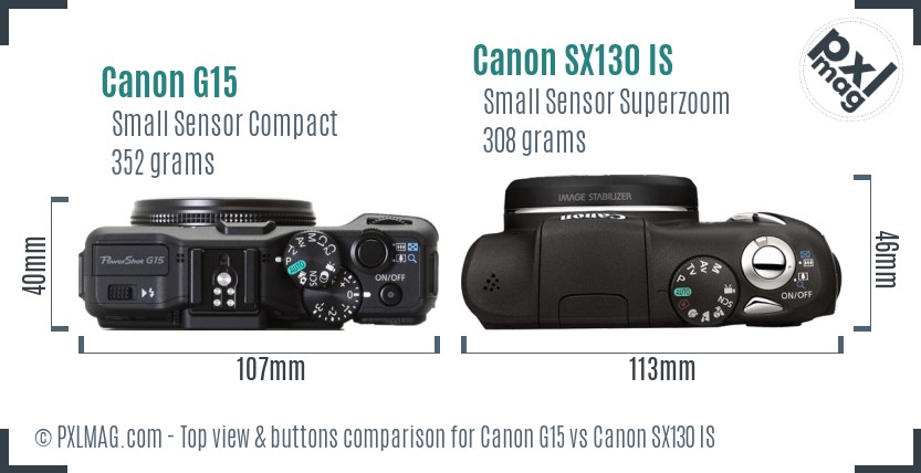 Canon G15 vs Canon SX130 IS top view buttons comparison