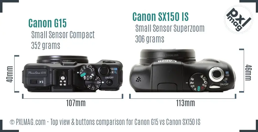 Canon G15 vs Canon SX150 IS top view buttons comparison