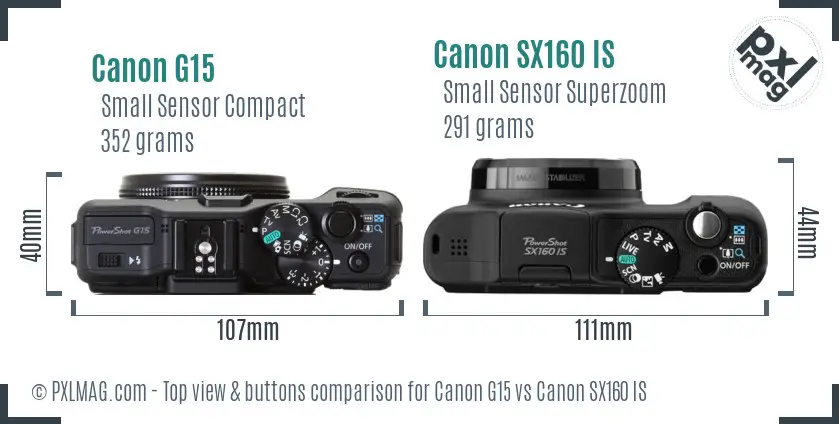 Canon G15 vs Canon SX160 IS top view buttons comparison