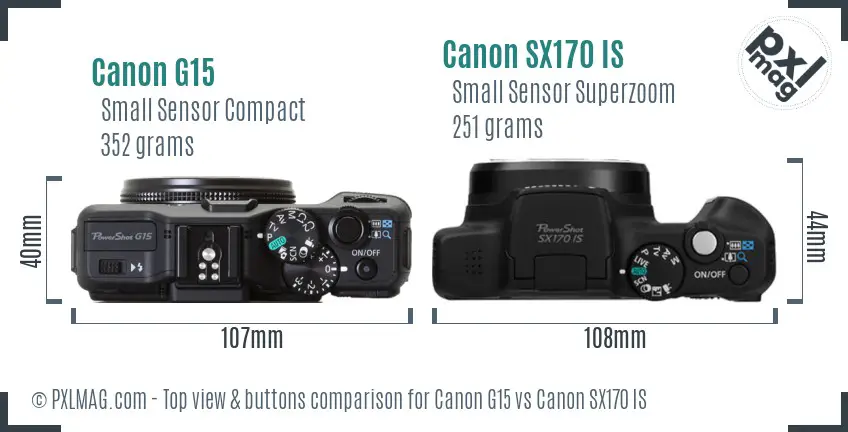 Canon G15 vs Canon SX170 IS top view buttons comparison