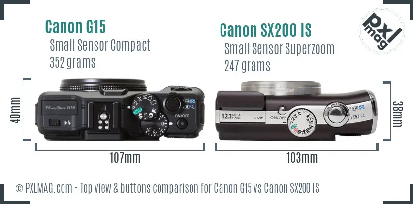 Canon G15 vs Canon SX200 IS top view buttons comparison