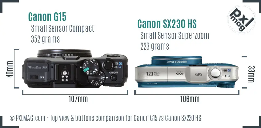 Canon G15 vs Canon SX230 HS top view buttons comparison Canon G15 vs Canon SX230 HS top view buttons comparison