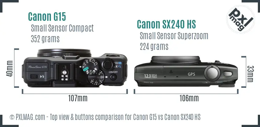 Canon G15 vs Canon SX240 HS top view buttons comparison Canon G15 vs Canon SX240 HS top view buttons comparison