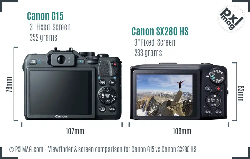 Canon G15 vs Canon SX280 HS Screen and Viewfinder comparison