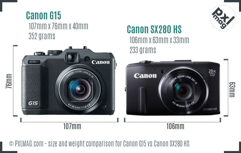 Canon G15 vs Canon SX280 HS size comparison