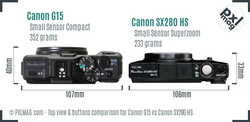 Canon G15 vs Canon SX280 HS top view buttons comparison