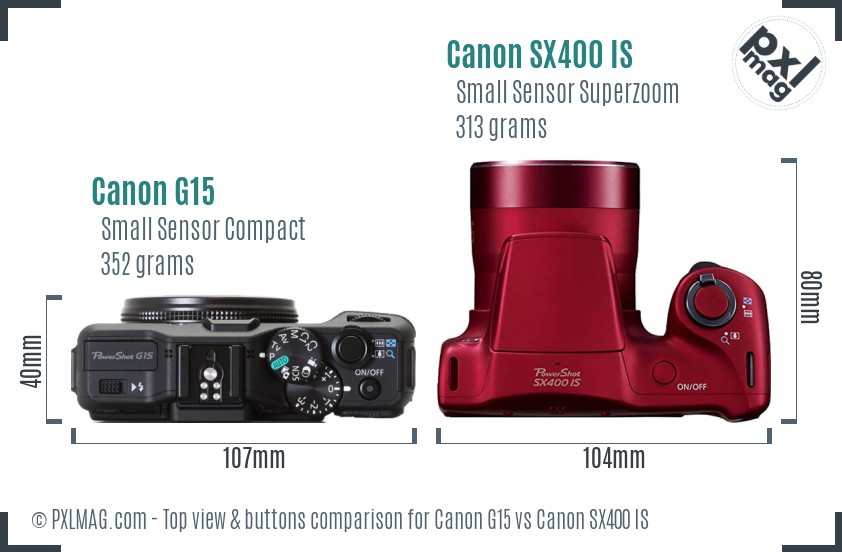 Canon G15 vs Canon SX400 IS top view buttons comparison