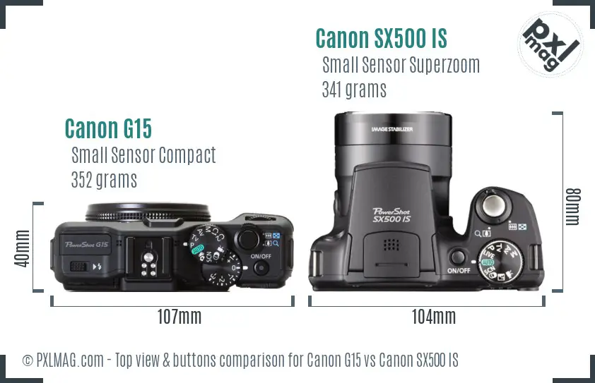 Canon G15 vs Canon SX500 IS top view buttons comparison Canon G15 vs Canon SX500 IS top view buttons comparison