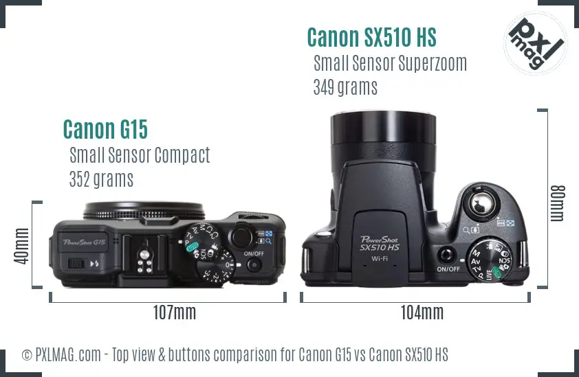 Canon G15 vs Canon SX510 HS top view buttons comparison