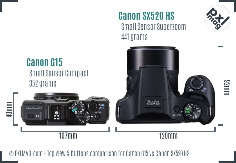 Canon G15 vs Canon SX520 HS top view buttons comparison