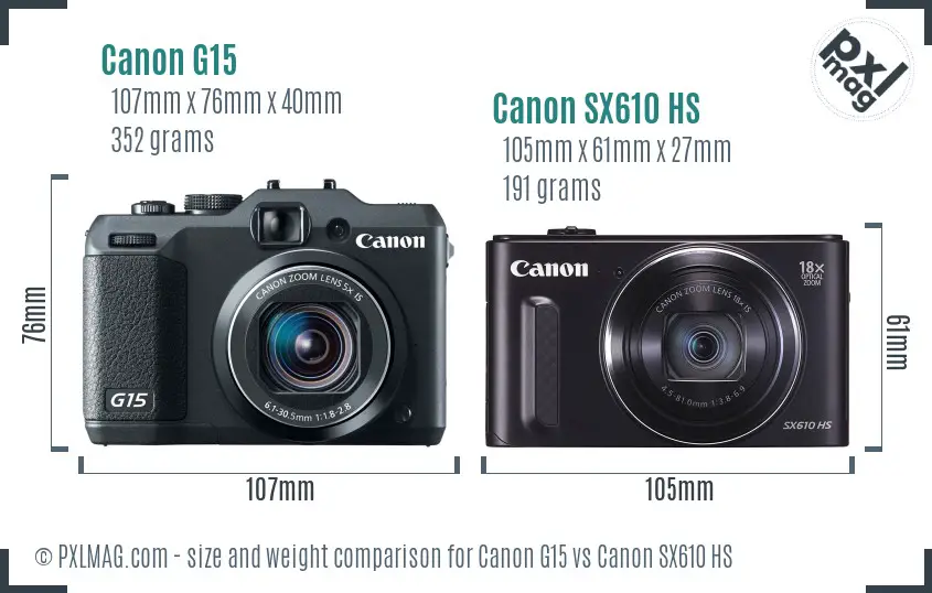 Canon G15 vs Canon SX610 HS size comparison Canon G15 vs Canon SX610 HS size comparison