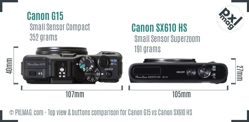 Canon G15 vs Canon SX610 HS top view buttons comparison