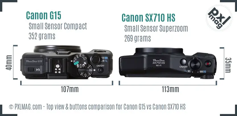 Canon G15 vs Canon SX710 HS top view buttons comparison Canon G15 vs Canon SX710 HS top view buttons comparison