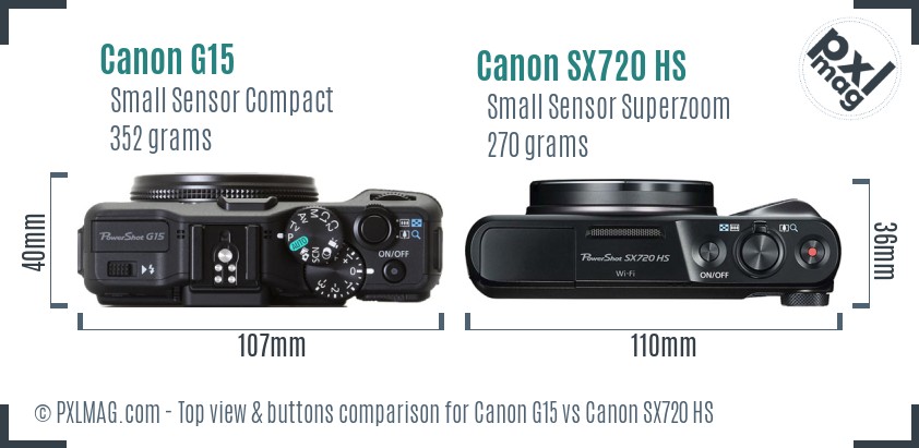 Canon G15 vs Canon SX720 HS top view buttons comparison